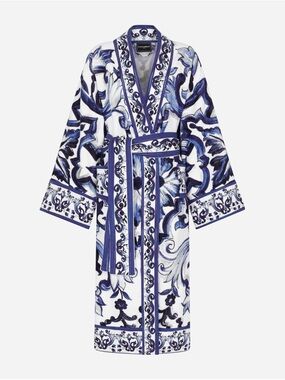 Dolce & Gabbana White and Blue Floral Terry Cotton Bath Robe Unisex